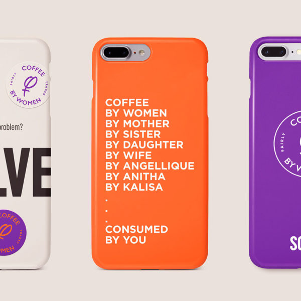 Brand identity across mobile phone cases in white, orange and purple